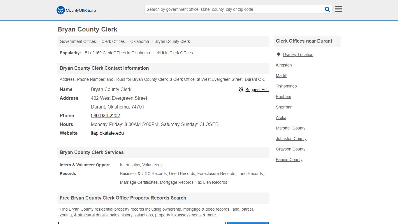 Bryan County Clerk - Durant, OK (Address, Phone, and Hours)