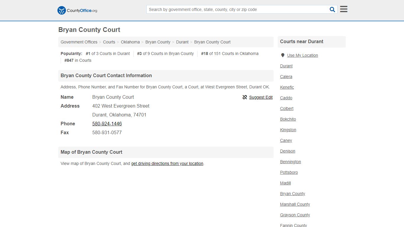 Bryan County Court - Durant, OK (Address, Phone, and Fax)